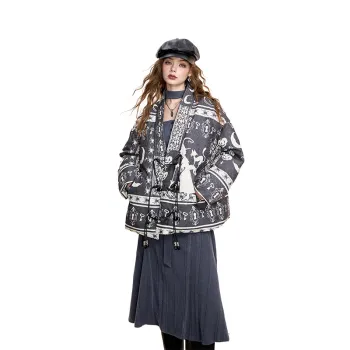 ELF SACK Original Jacquard All over Print V Neck Puffer Jacket Women's