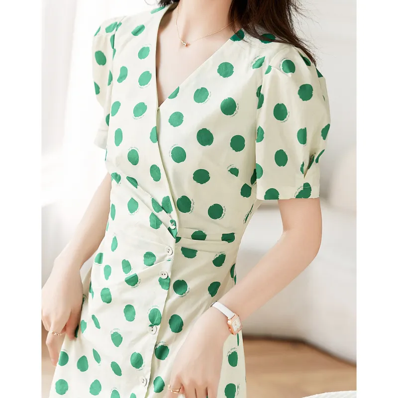 Like The Age Of Water Summer Short Sleeved Dress Slim Fit Women's Green-4