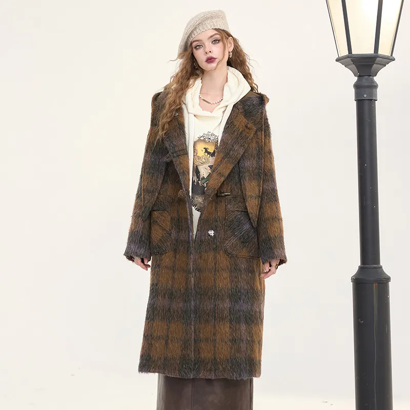 ELF SACK Coat Women's Magic Plaid Coffee-4