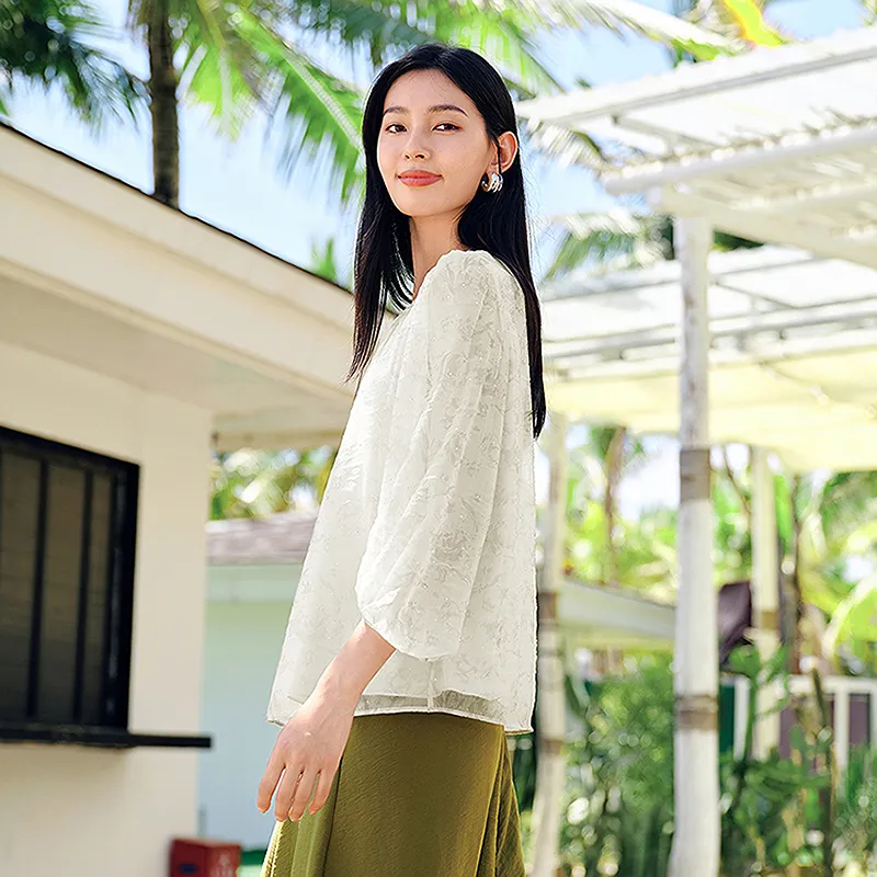 JZ. ANNAKRO Chiffon Shirt Women's Floral Light Beige-4