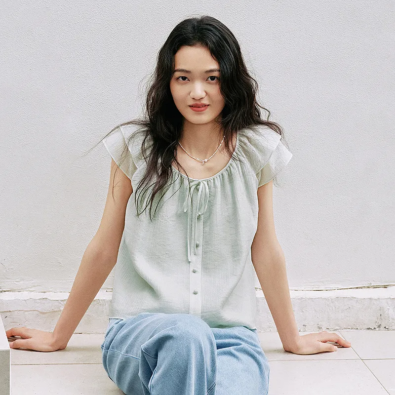 LEDIN Chiffon Shirt Women's Tasty Green In Stock-2