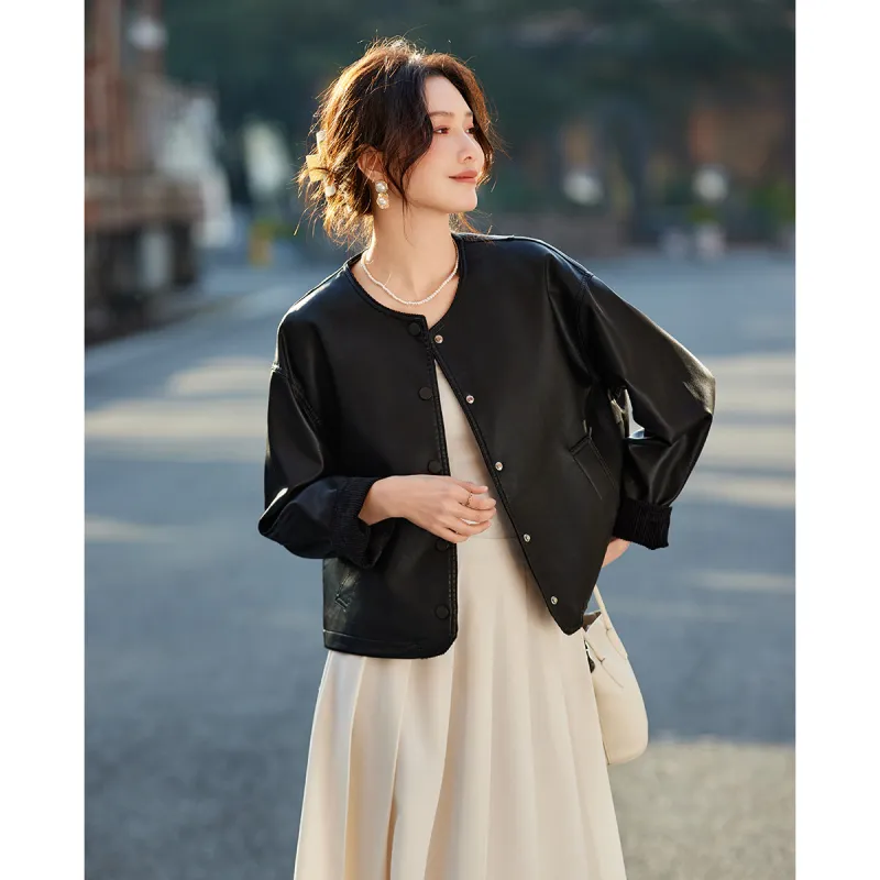 TERRE BLEUE Spring, Fall Leather Jacket Loose Fit Women's-5