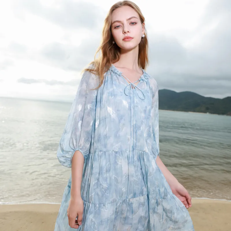 3COLOUR Long Sleeved Dress Women's Haze Blue Floral-2