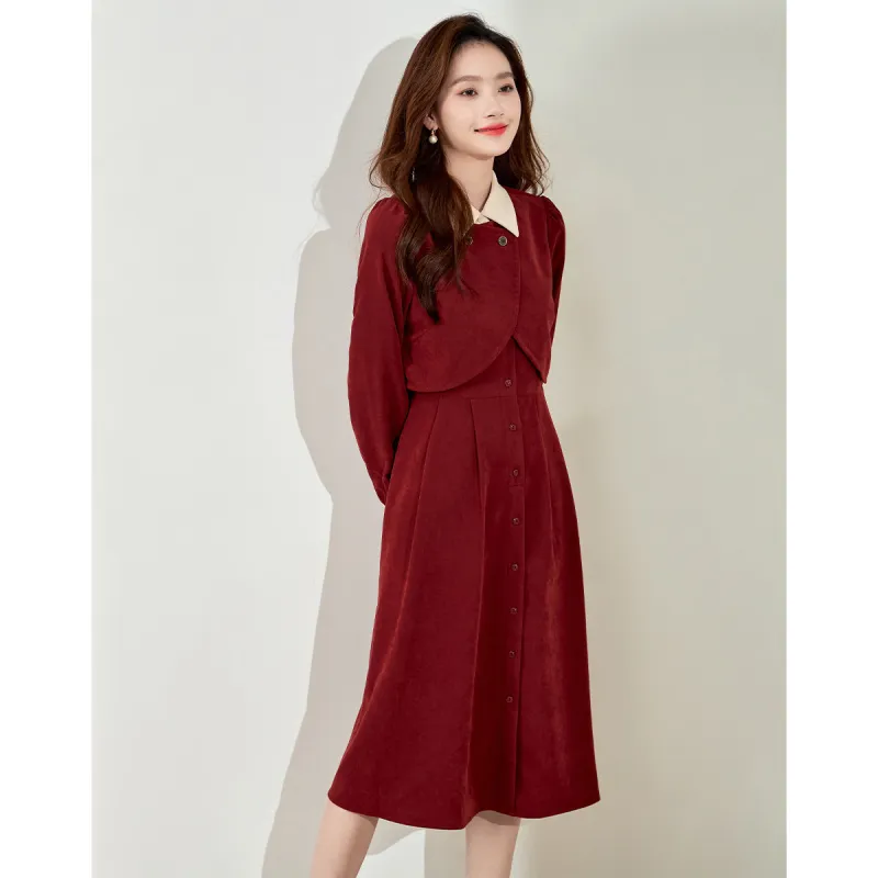 Love Elaine Spring, Fall Long Sleeved Dress Cinched Waist Women's Red-1