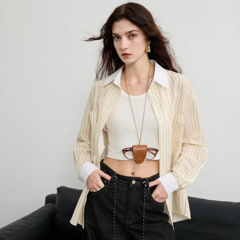 3COLOUR Shirt Women's Light Yellow Stripes-2