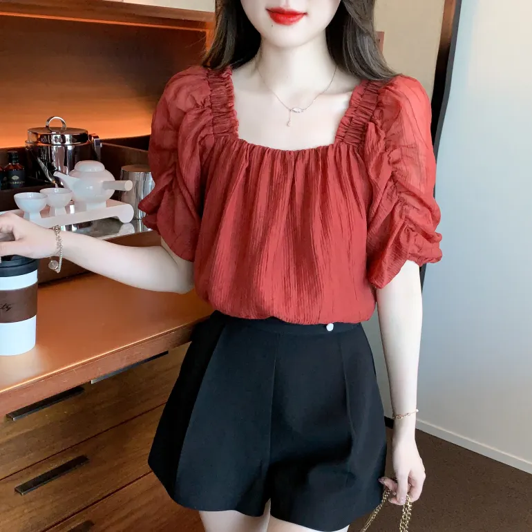 XIANSINIAO Gathered Sleeve T Shirt Women's-2