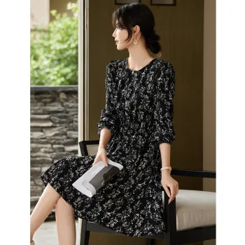 Still Quiet Long Sleeved Dresses Women's Black With Multicolor