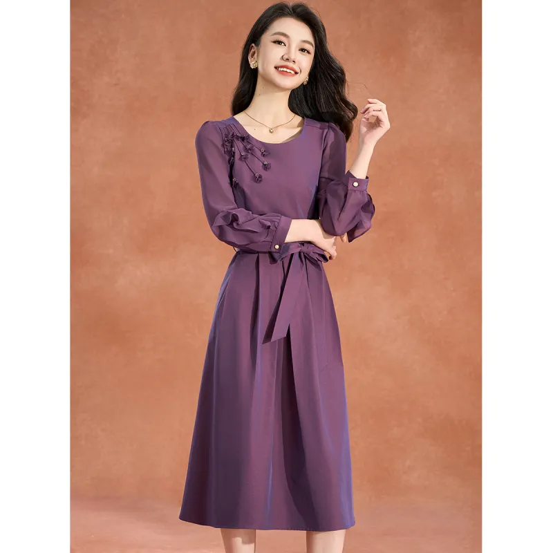 Mylan Spring, Summer, Fall Long Sleeved Dress Cinched Waist Women's Purple-6