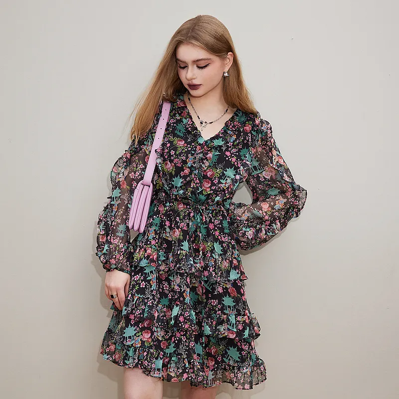 ELF SACK Long Sleeved Dresses Women's Alumni Association Floral Black-2