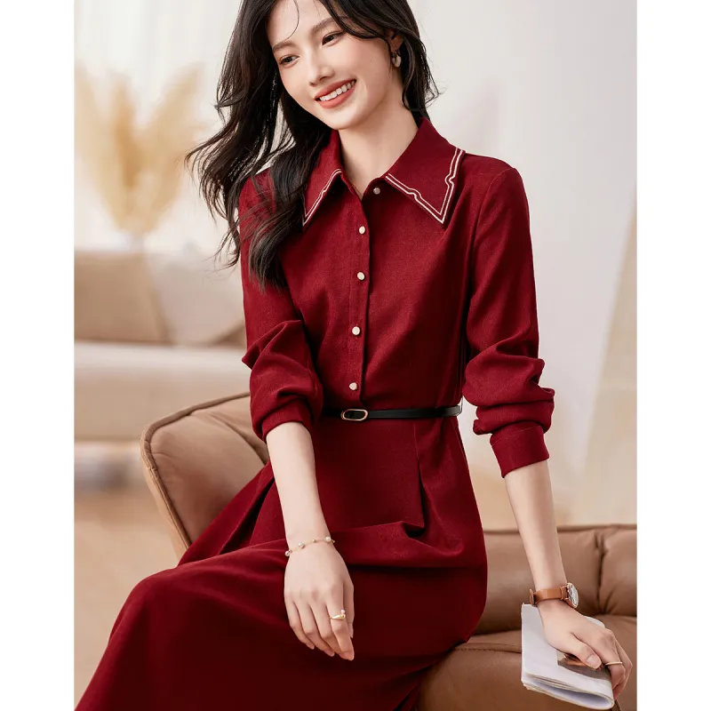 Like The Age Of Water Spring Short Sleeved Dress Slim Fit Women's Red-1