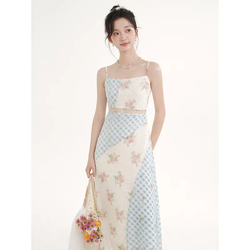 TOUCH MISS Slip Dress Women's Blue And White Plaid Floral-2