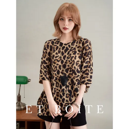 FAWENXIANGZI T Shirt Women's Dark Khaki Leopard Print