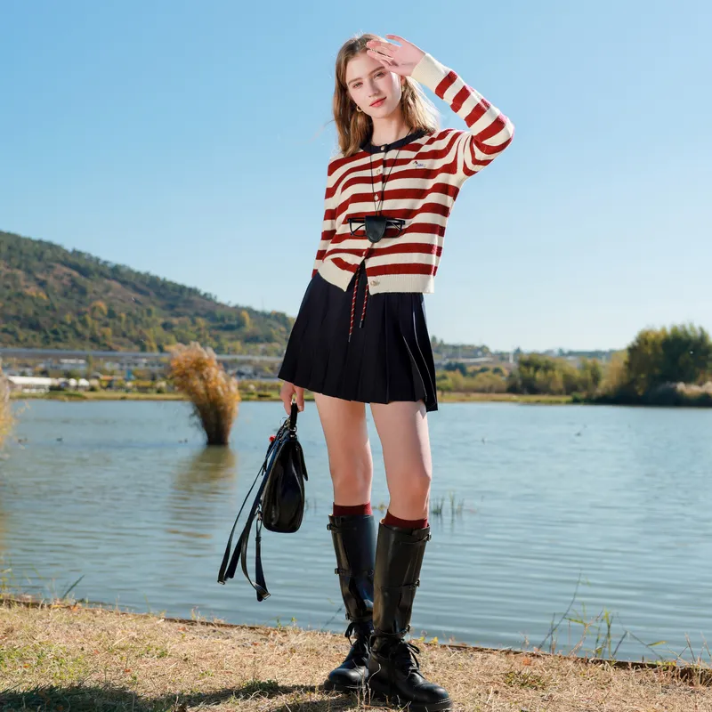 3COLOUR Knitwear Women's Burgundy Stripes-5