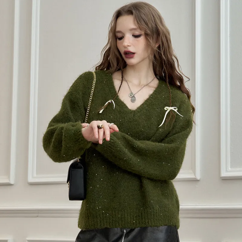 ELF SACK Fuzzy V Neck Pullover Sweater With Fine Sparkle Women's-11