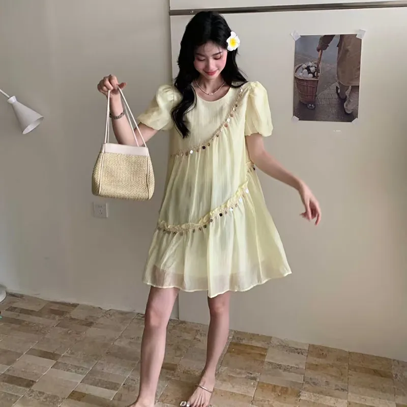 QYPRF Short Sleeved Dress Women's Yellow-2