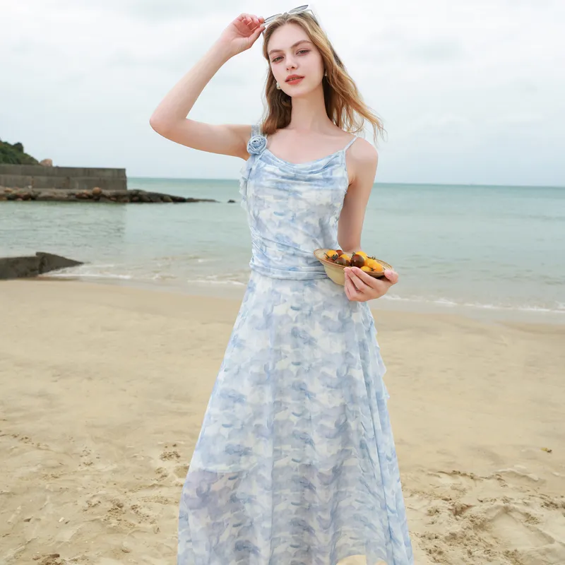 3COLOUR Slip Dress Women's Sky Blue Floral-3