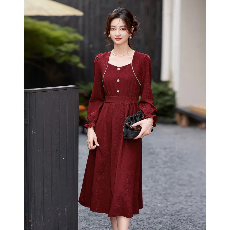 Like The Age Of Water Fall Long Sleeved Dress Cinched Waist Women's Red-4