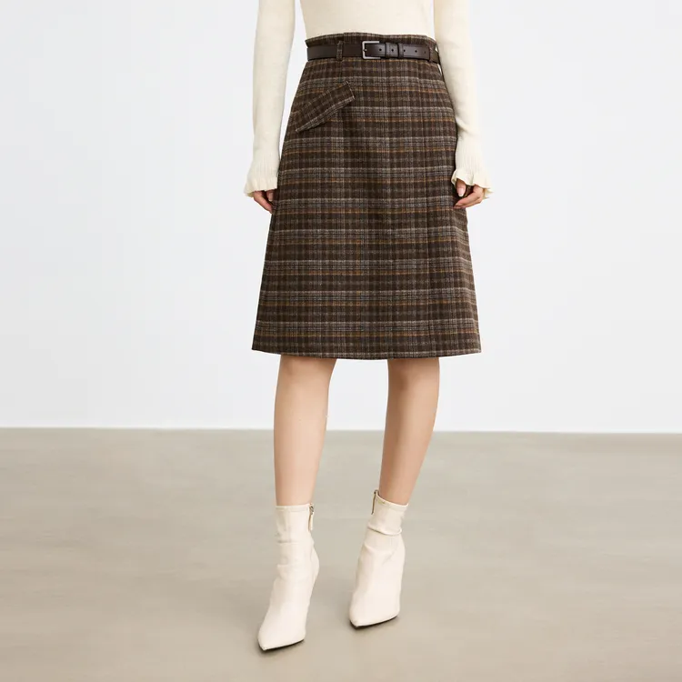 SHUIYUNJIAN Casual Long Skirts Women's Coffee Plaid-2
