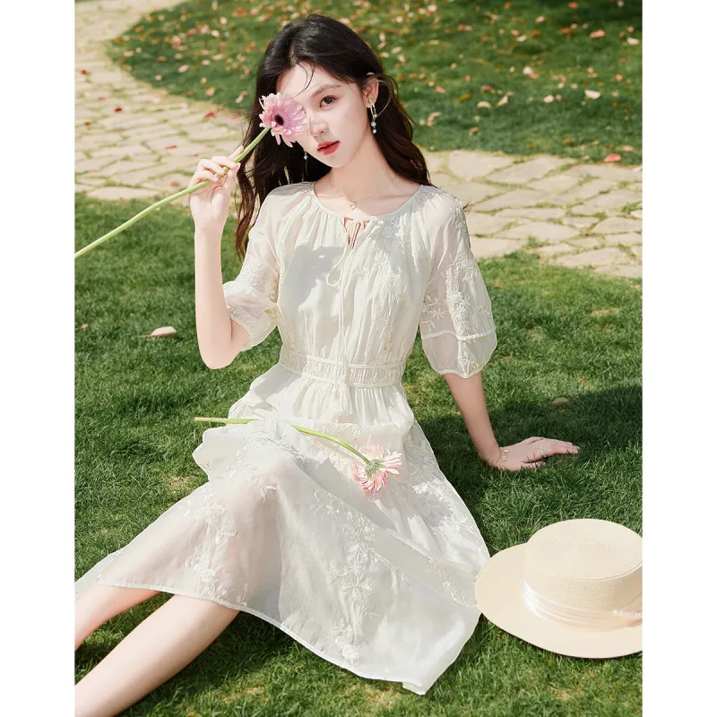 Like The Age Of Water Summer Short Sleeved Dress Women's Ecru-2