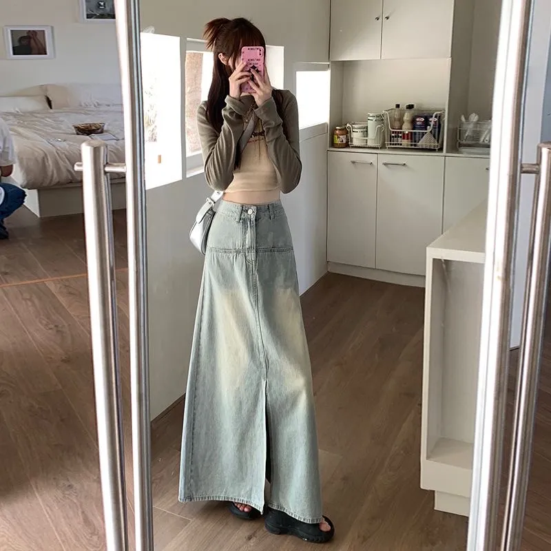 XIANSINIAO Denim Long Skirt Women's-2