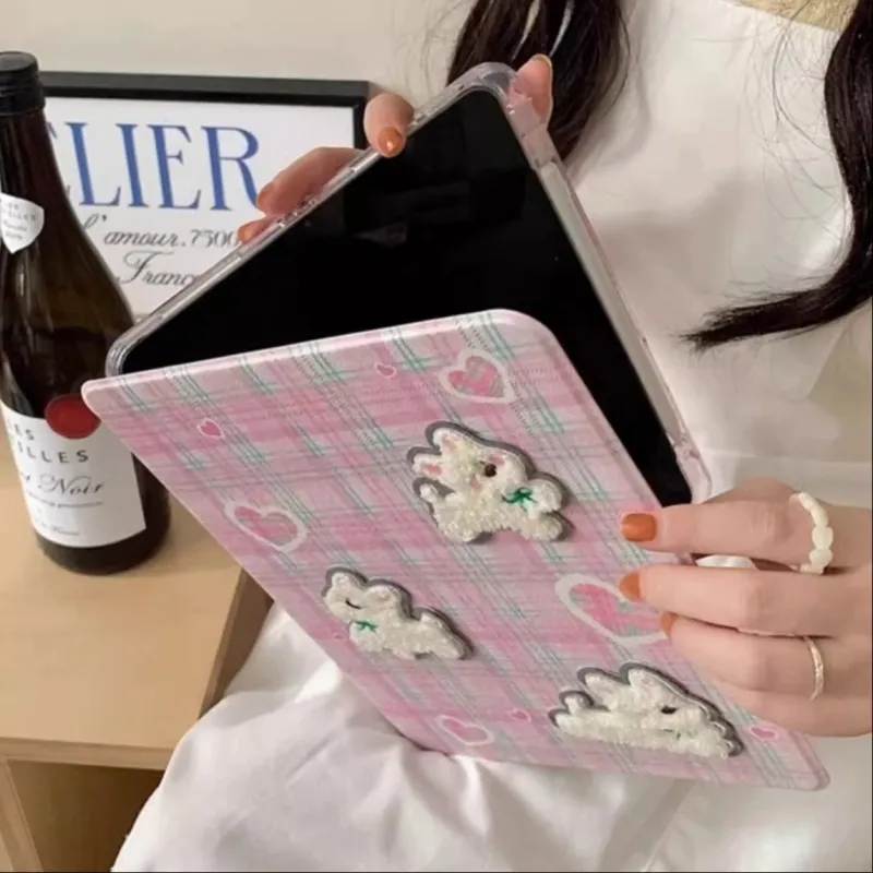 Sopi Acrylic Material, Pink Plaid Embroidery Puppy Compatible With IPad Air 4/Air 5/Mini 6/7 Tablet Protective Cases-2