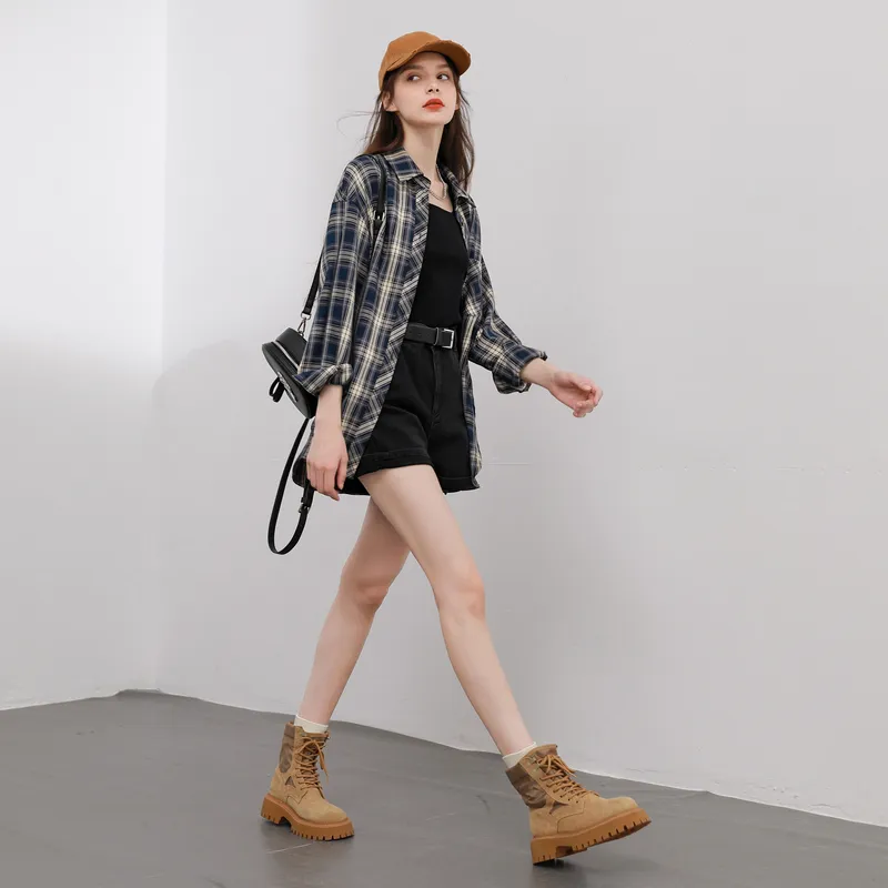3COLOUR Shirt Women's Navy Blue Plaid-6