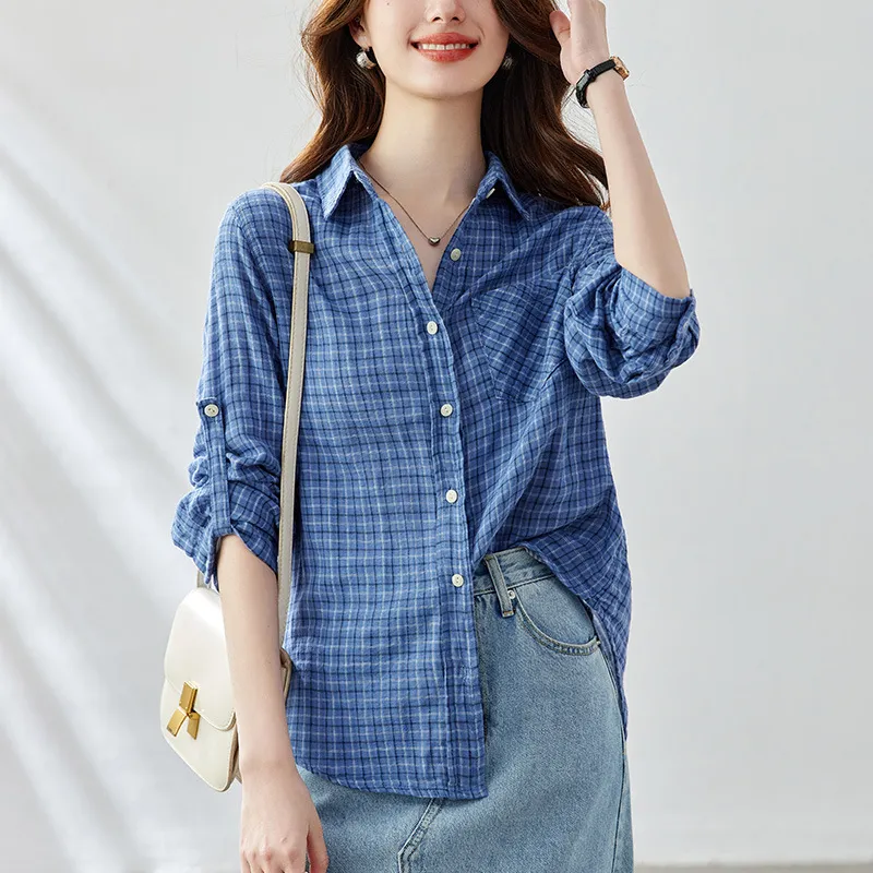 ONE SHALLOW Shirt Women's Small Blue Plaid-5