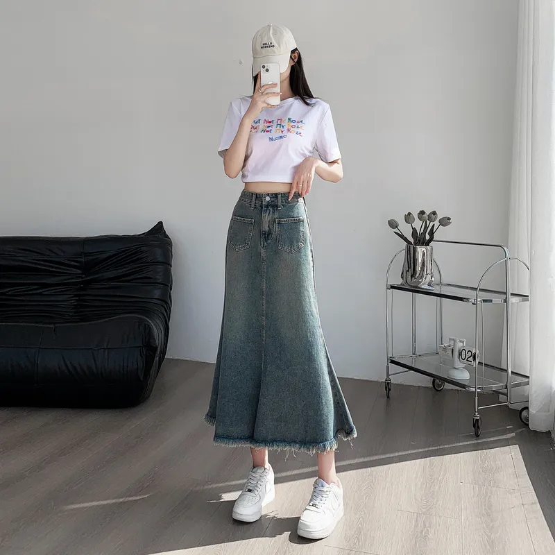 XIANSINIAO Denim Long Skirt Women's-3