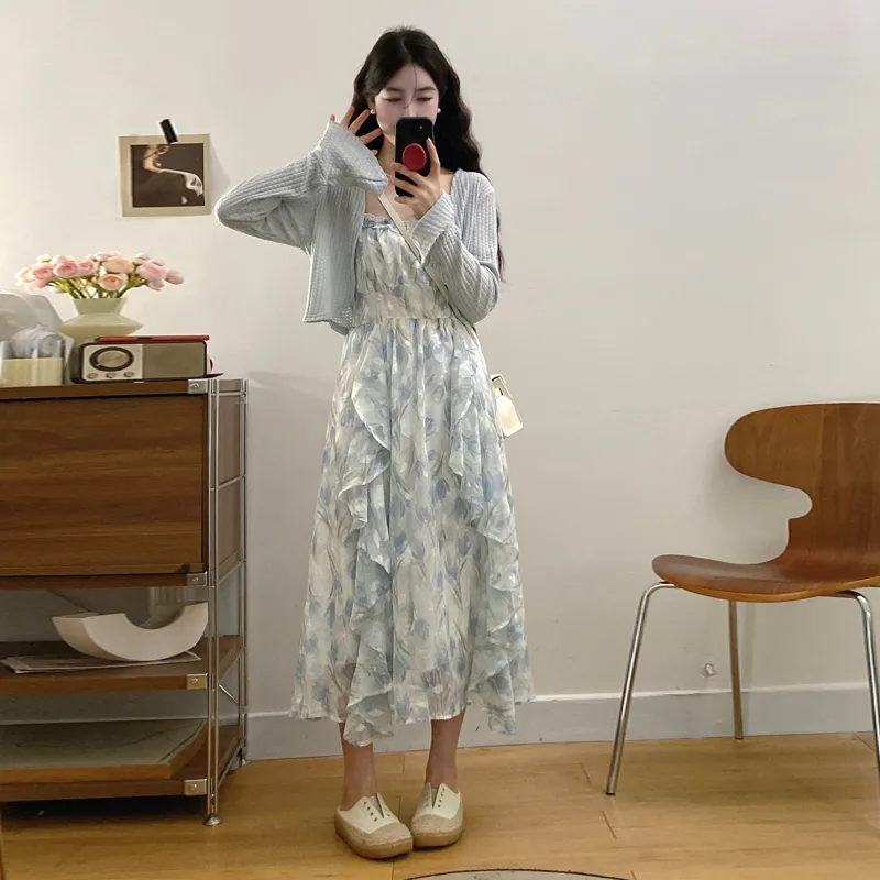 XIANSINIAO Two Piece Skirt Sets Women's Blue Cardigan+Dress-1