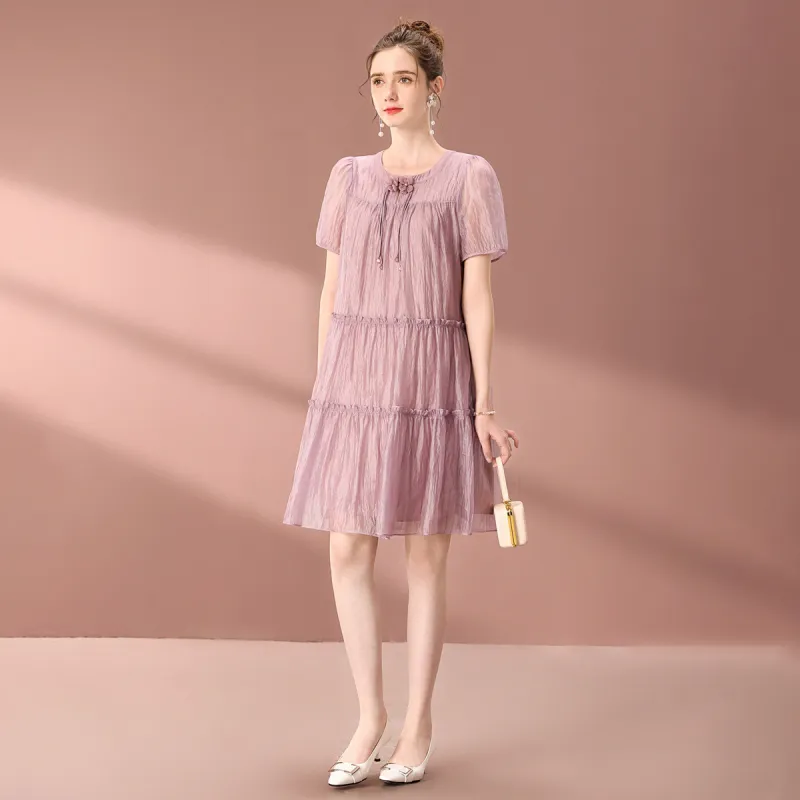 FENHONGMALI 2025 Spring Summer Short Sleeved Dress Loose Fit Women's Purple-1