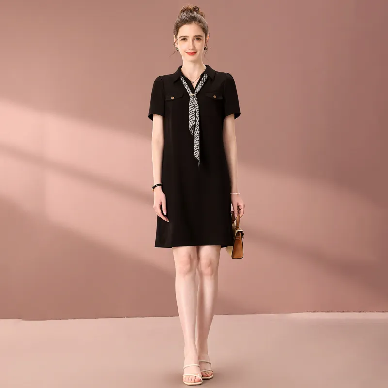 FENHONGMALI Spring, Summer, Fall Short Sleeved Dress Loose Fit Women's Black-3