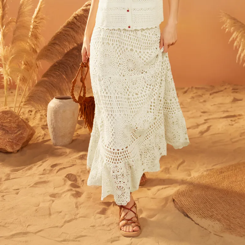 ZIHAN Casual Long Skirts Women's Beige Gold-2