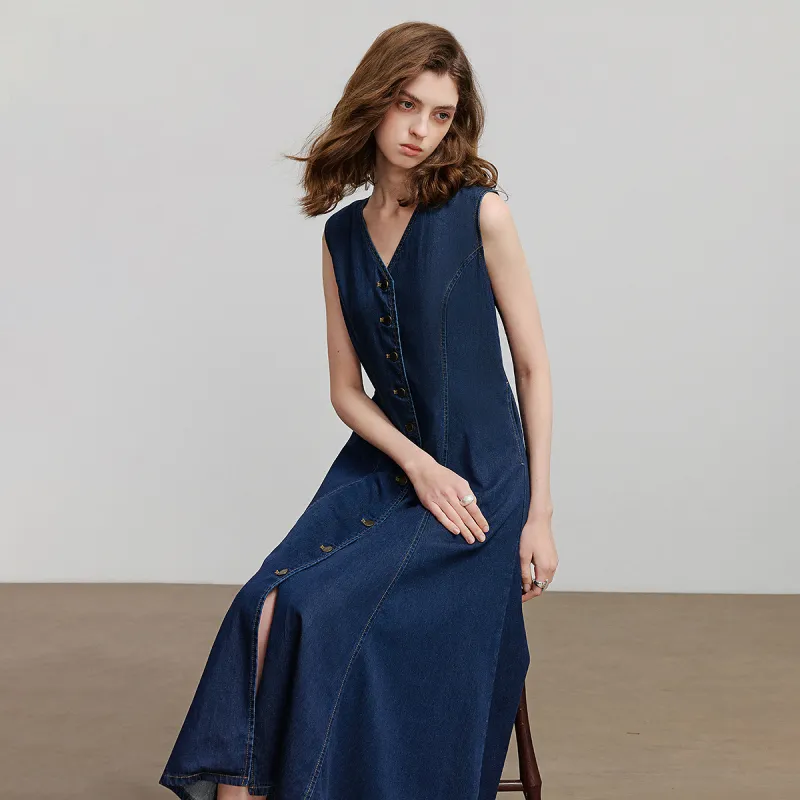 Initial Language Sleeveless Dress Women's Dark Blue-5