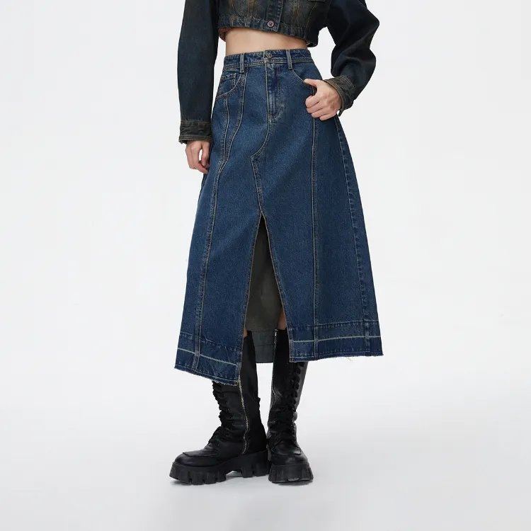 ONLY Denim Long Skirts Women's J35 510 Washed Denim Blue-2