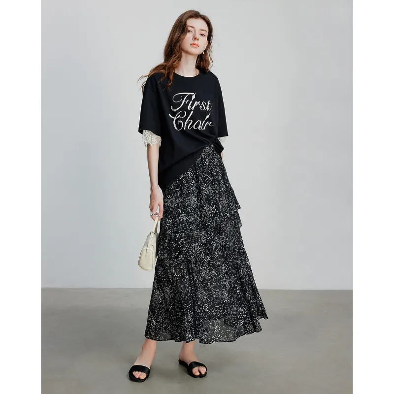 Initial Language Casual Long Skirt Women's Black With White Floral-3