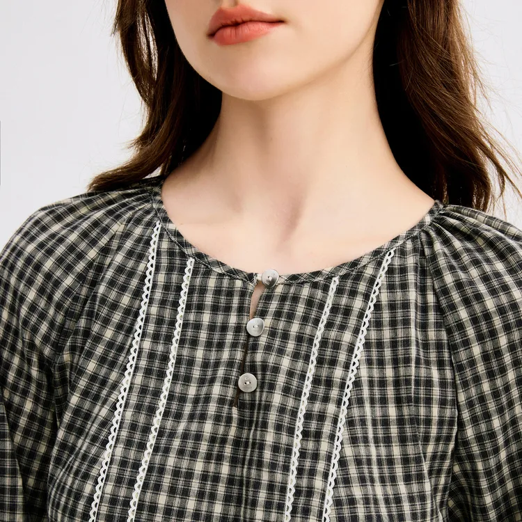 LEDIN Long Sleeved Dresses Women's Black White Plaid-2
