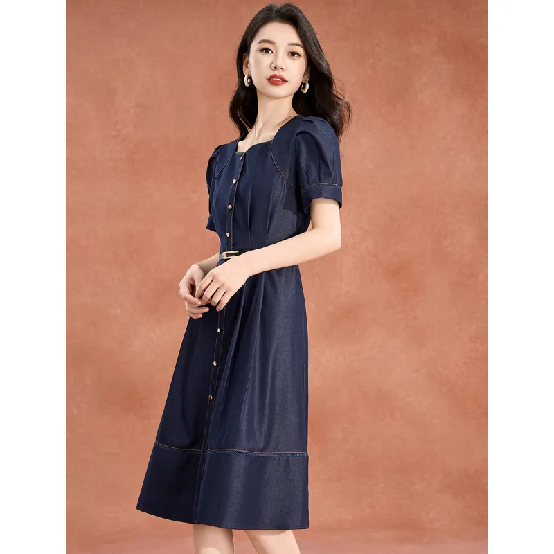 Mylan Short Sleeved Dress Cinched Waist Women's Blue-5