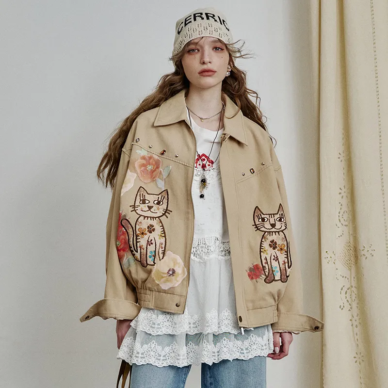 ELF SACK Cropped Coat Women's Cat Khaki-2