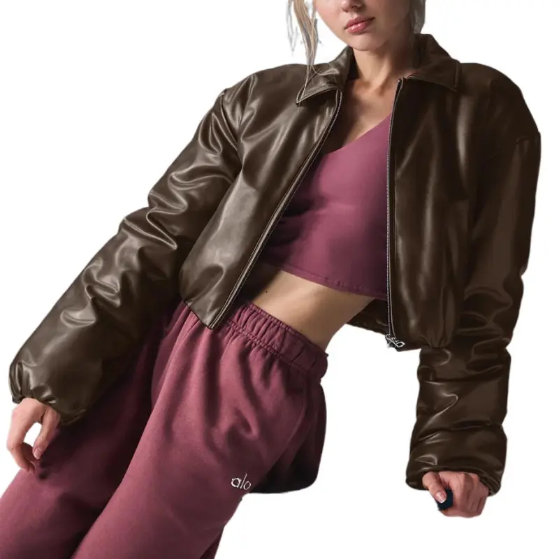Alo Yoga Faux Leather Cropped Premier Bomber Jackets & Coats Women's-4