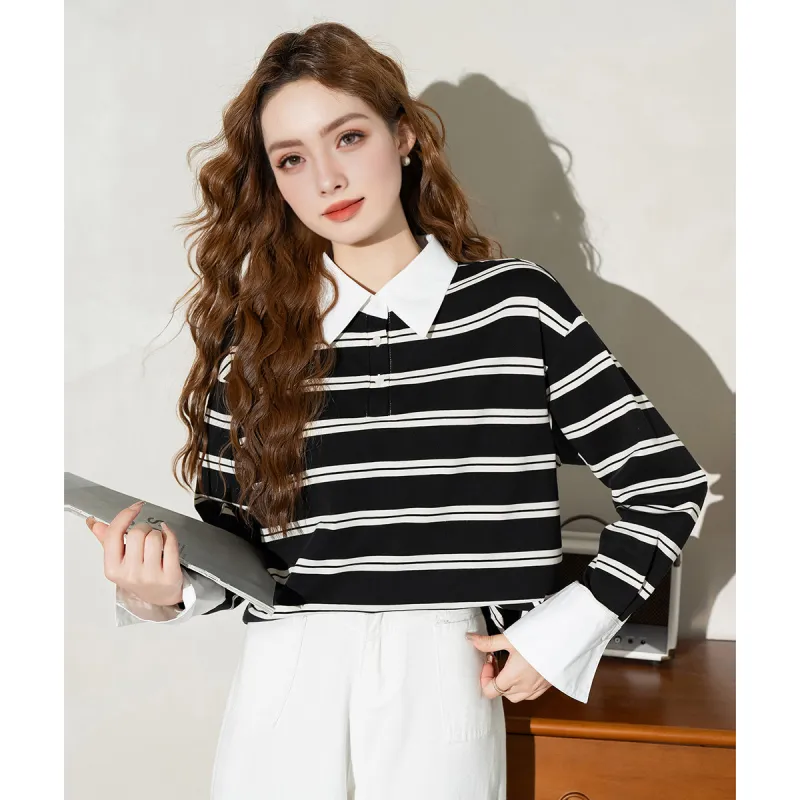 FAWENXIANGZI Polo Shirt Women's Black White Stripes-2