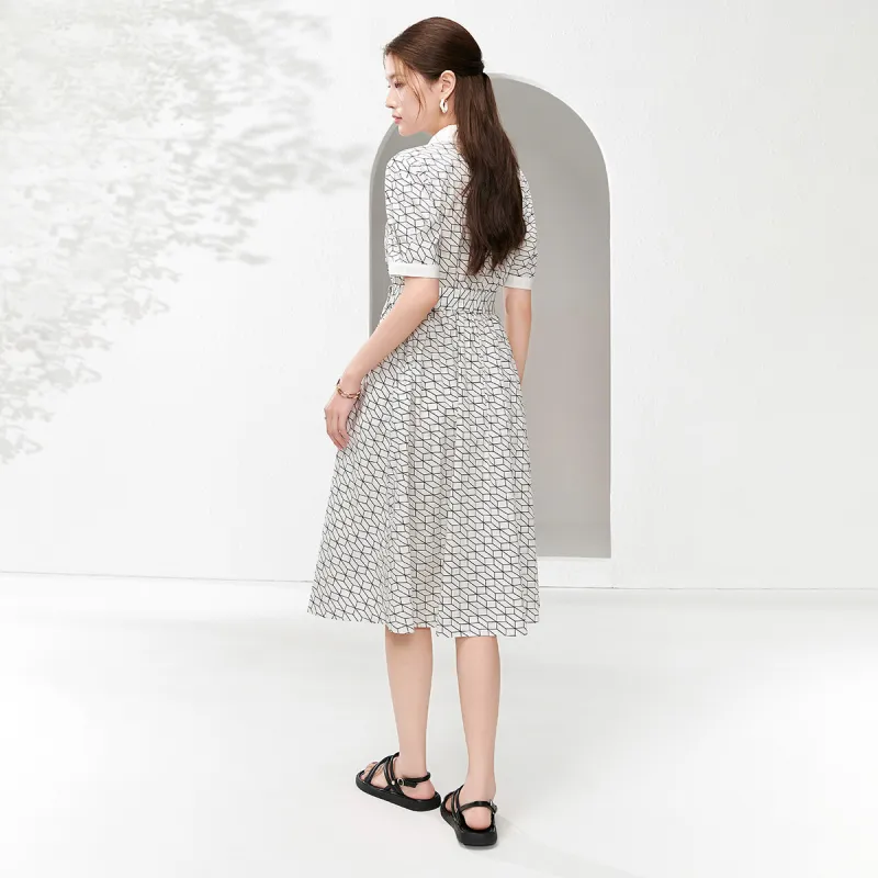 XIRAN Short Sleeved Dress Women's White Base With Black Plaid-3