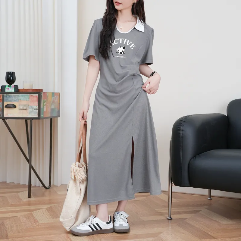 FAWENXIANGZI Short Sleeved Dress Women's Light Gray-5