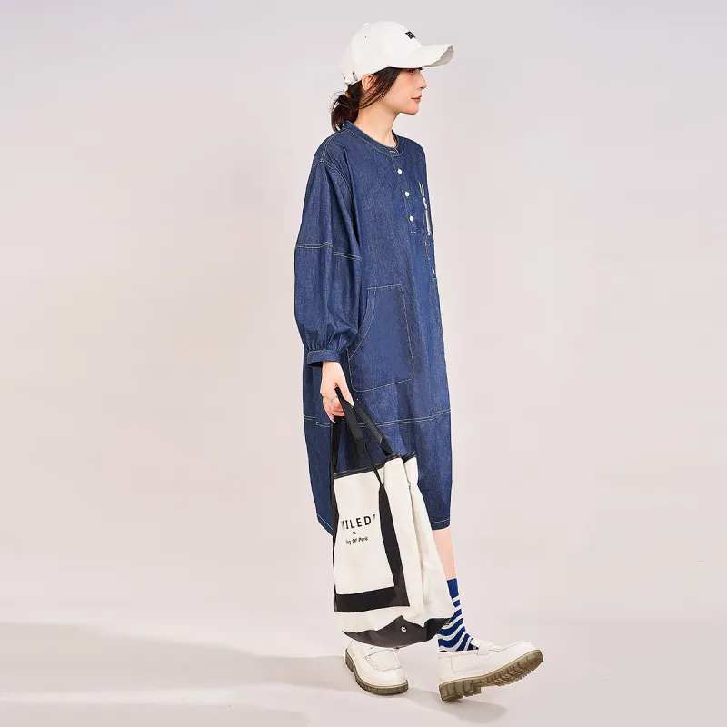 MUGUOGUOMU Long Sleeved Dresses Women's Denim Blue-2