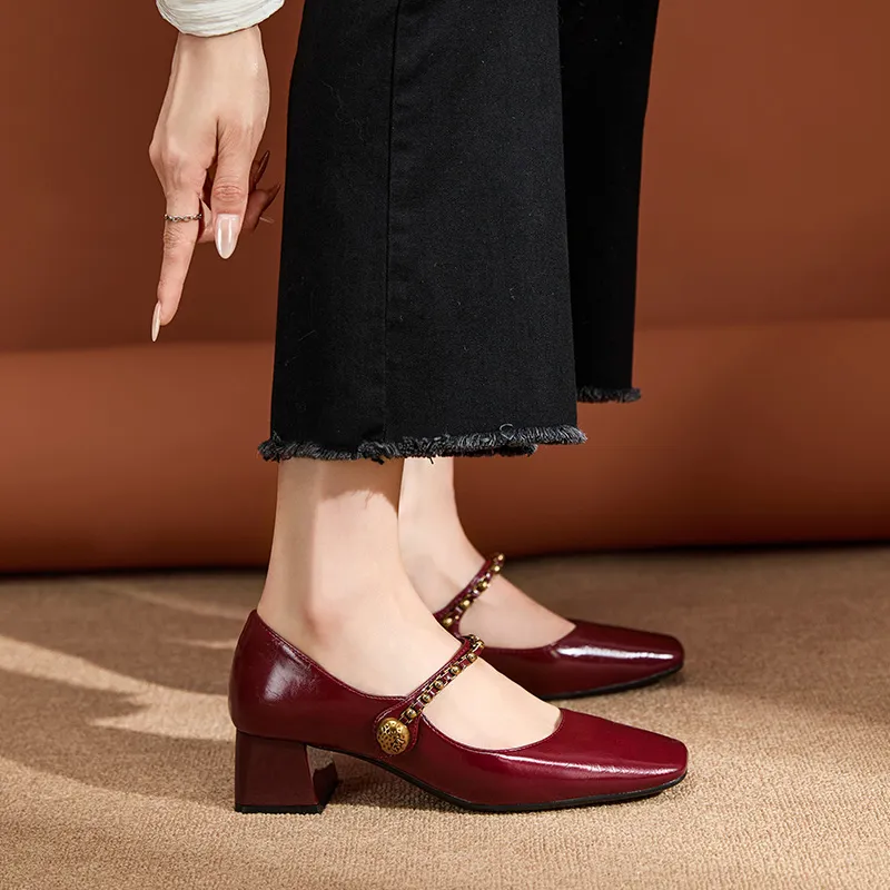 WESTLINK Square Toe Chunky Heel Retro Texture Metal Chain Mary Jane High Heels Unlined Shoes Women's-11