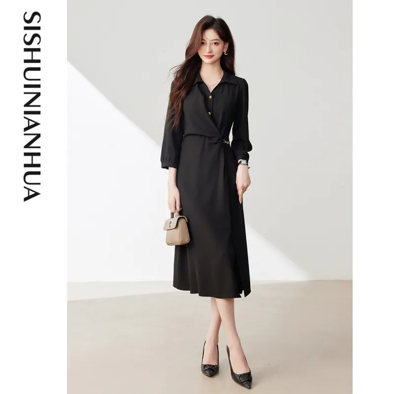 Like The Age Of Water Fall Long Sleeved Dresses Loose Fit Women's Black-4