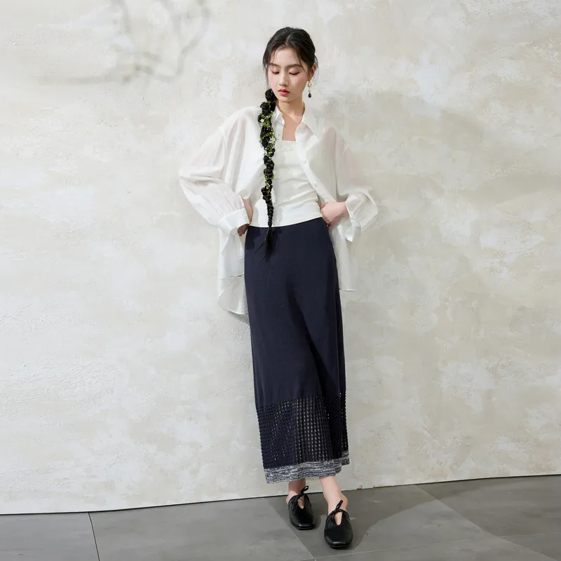 3COLOUR Casual Long Skirt Women's Navy Blue-4