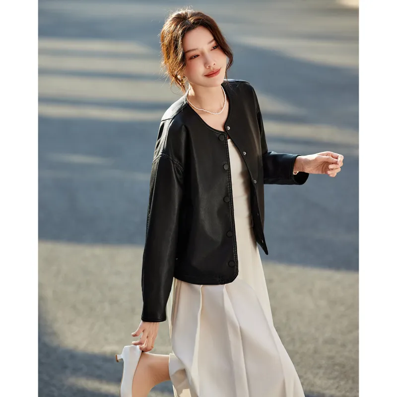 TERRE BLEUE Spring, Fall Leather Jacket Loose Fit Women's-4