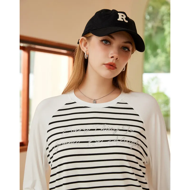 FAWENXIANGZI T Shirt Women's Ecru/Black Stripe-5