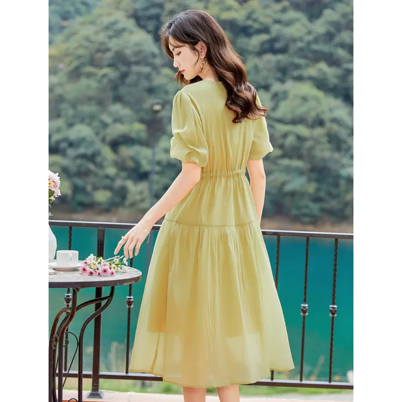 Like The Age Of Water Summer Short Sleeved Dress Regular Women's Yellow-0