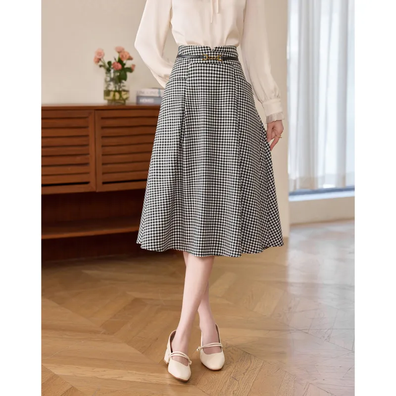 Like The Age Of Water Casual Long Skirt Women's Black Plaid-2